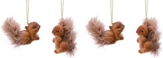 Decoris Kersthangers eekhoorns - 4x st - bruin - 6 cm - polyester - kerstboomversiering - ornamenten