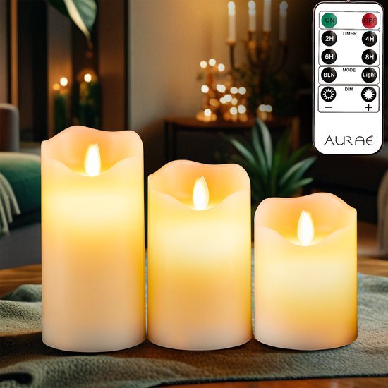 Aurae Led Kaarsen met Bewegende Vlam - 3x - Echte Wax - Afstandsbediening - 250+ Branduren - op Batterijen - Flikkerende Vlam - Timer - Kerst Kaarsen