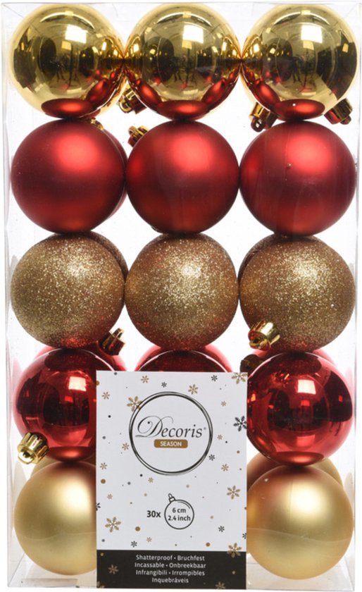 Decoris kerstballen - 30x st - goud en rood - D6 cm - kunststof - kerstversiering