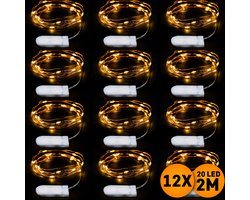 Kerstverlichting op batterij, 12 stuks, 2 meter 20 LEDs, Warm Wit, Lichtsnoer type Nano Koperdraad, Kerstboomverlichting, Inclusief CR2032 batterijen, Lichtslinger geschikt voor binnen, kerstverlichting led