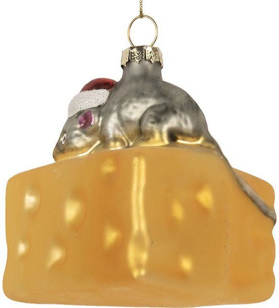 Clayre & Eef Kersthanger Muis 8x8x8 cm Geel Glas