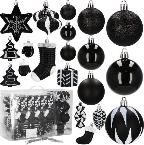Springos Kerstballen - Kerstversiering - Onbreekbaar - 77 Stuks - Zwart