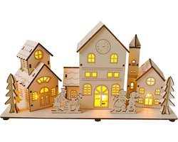 Houten Miniatuur Kerstdorp Huizen Set met Sfeervolle LED Verlichting