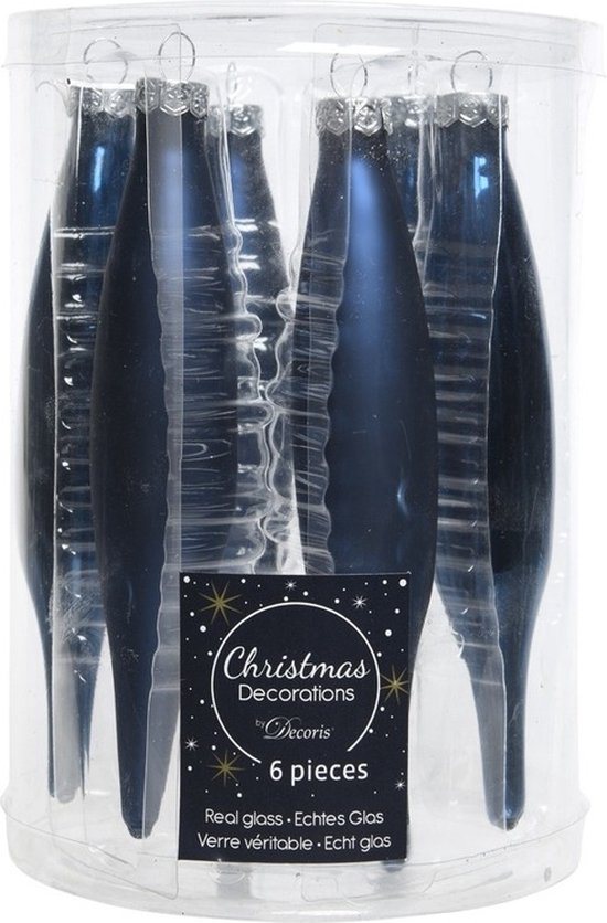Decoris kerstbal pegels - 12x - donkerblauw - D15 cm - glas - kersthangers - ijspegels - kerstversiering