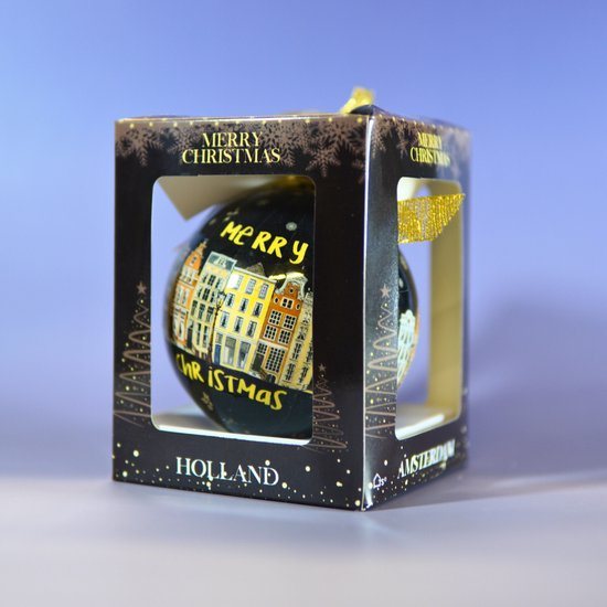 Giftbox XL Kerstbal Plastic: "Merry Christmas" - Amsterdam, Holland met Grachten - Zwart - 1 stuk - Holland souvenir