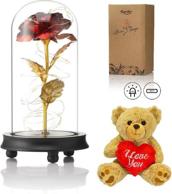 Luxe Roos in Glas met LED + Pluche Beer – Gouden Roos in Glazen Stolp – Moederdag Cadeau - Valentijn - Bekend van Beauty and the Beast - Cadeau voor vriendin moeder haar - Donkere Voet - Qwality