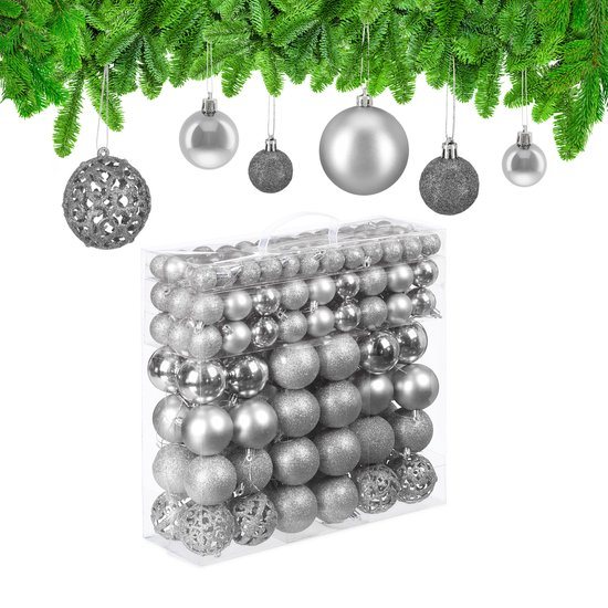 kerstballen - set van 150 - mat - glanzend - glitters - plastic - ∅ 3, 4, 6 cm - zilver