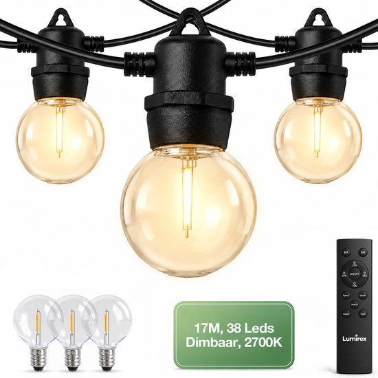 Lumirex Lichtsnoer Buiten G50 - 17M - 38 LED - Prikkabel - Dimbaar Met Afstandsbediening - Koppelbaar - Waterdicht - Tuinverlichting - Kerst Lichtslinger - Binnen En Buiten - 2700K - Warm Wit