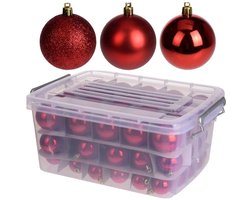 Kerstballen Set Rood – 70 Stuks – Mat Glanzend Glitter – Kunststof – Inclusief Opbergbox