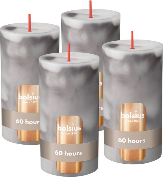 Bolsius Marmer Stompkaars - Marble - Grijs - 4 stuks - 13 cm - 60 Branduren