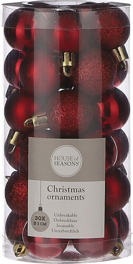 Kleine kunststof kerstballen pakket rood 3 cm - 30 stuks rode mini kerstballen