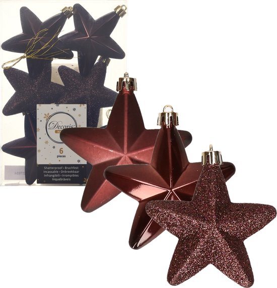 Decoris kersthanger sterren - 6x st - mahonie bruin - 7 cm - kunststof - kerstornamenten - kerstversiering