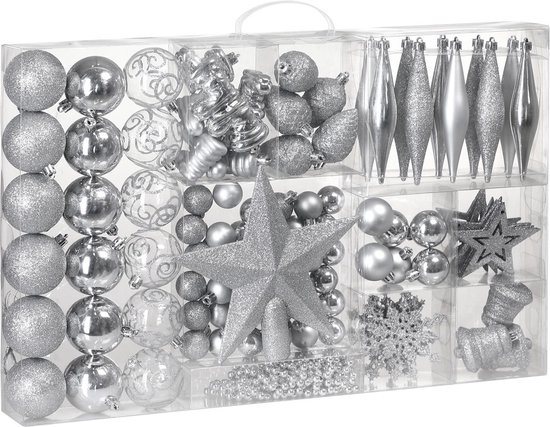 Deuba Kerstboomballen - Set van 102 Kunststof Ø3-6cm - Mat Glanzend Zilver