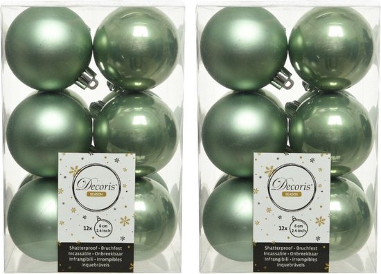 Decoris Kerstballen - 24x st - salie groen - mat en glans - 6 cm - kunststof - Onbreekbare plastic kerstballen