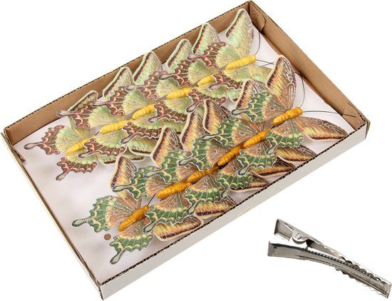 Othmar Decorations kerstboom vlinders op clip - 12x - beige/oranje -9 cm