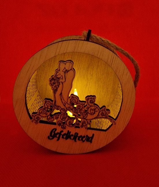 Houten 3D kerstbal/kersthanger Bruidspaar met LED-licht [kerst][kerstornament][cadeau bruiloft][kerstcadeau]