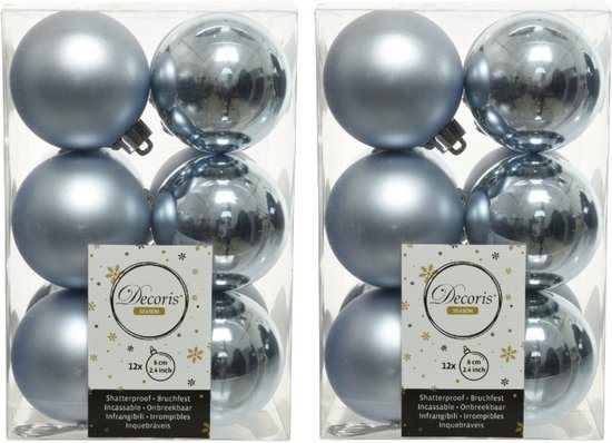 24x Licht grijsblauwe kunststof kerstballen 6 cm - Mat/glans - Onbreekbare kerstballen - Kerstboomversiering licht grijsblauw