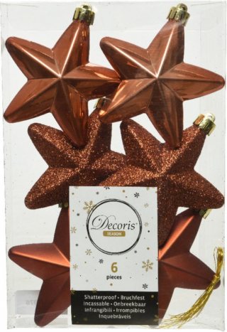 Decoris kersthanger sterren - 6x st - terra bruin - 7 cm - kunststof - kerstornamenten - kerstversiering