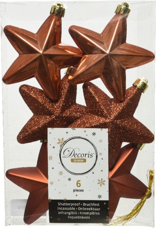 Decoris kersthanger sterren - 6x st - terra bruin - 7 cm - kunststof - kerstornamenten - kerstversiering