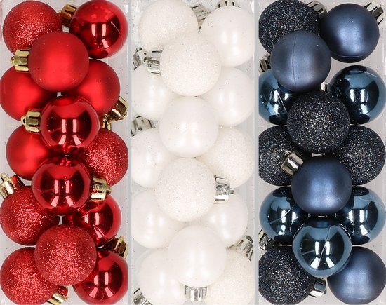42x stuks kleine kunststof kerstballen mix rood, wit en blauw 3 cm - kerstversiering,