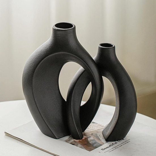 CHIWIN Vaas Keramiek - Set van 2 - Mattes Keramiek Vazen - Met Gaten - Modern Design - Handgemaakt Keramiek - Boho Home Decor - Zwart