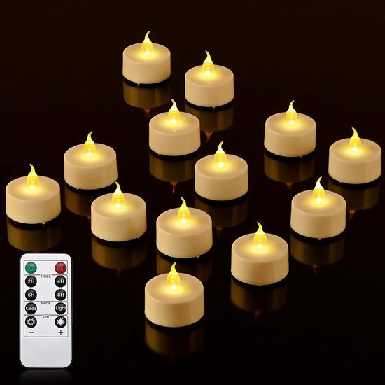 Famanu - Theelichtjes met timer, afstandsbediening, vlamloze ledkaarsen, flikkerende theelichtjes op batterijen, voor thuis, kamer, tafel, Halloween, kerstdecoratie, 12 stuks