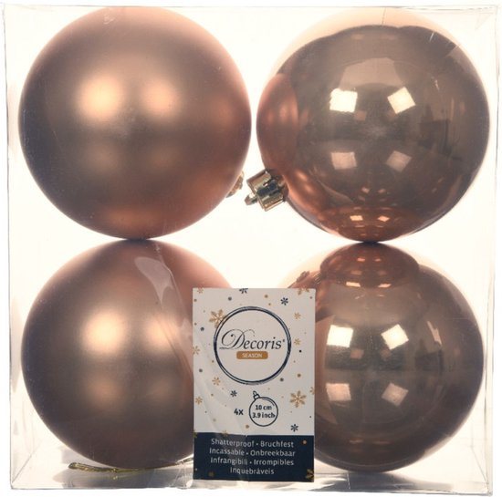 Decoris Kerstballen 4x stuks toffee bruin 10 cm kunststof - matte en glanzende afwerking - onbreekbaar - gouden ophanglintje
