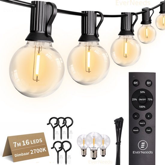 EverNeeds G40 Lichtsnoer Buiten - Prikkabel 7m - 16 LED - IP44 - Dimbaar met Afstandsbediening - Lichtslinger - Sfeerverlichting Buiten en Binnen - Warm Wit 2700K - 3 Extra LEDs
