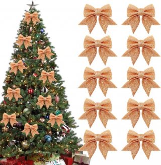 10 Stuk Goud Kerststrikken - 12 x 15 cm - Glitters - Kerst Decoratie Strikjes - Kerstversiering - Kerstboom Decoratie - Kerststrikjes - Kerstsfeer - Christmas - Voor Kerstfeest, Kerstboom, Binnen, Knutselen