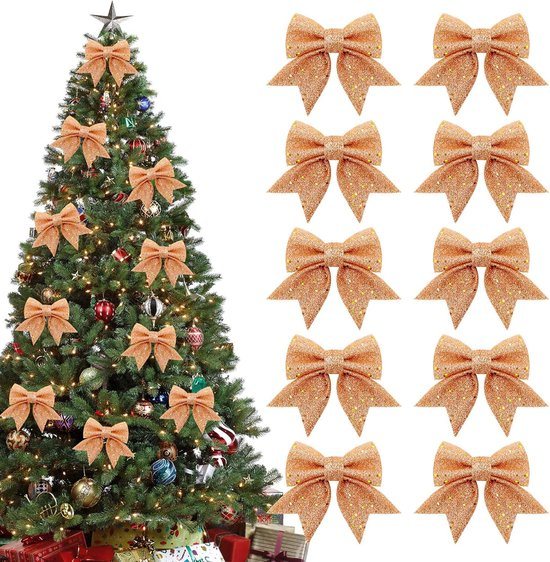 10 Stuk Goud Kerststrikken - 12 x 15 cm - Glitters - Kerst Decoratie Strikjes - Kerstversiering - Kerstboom Decoratie - Kerststrikjes - Kerstsfeer - Christmas - Voor Kerstfeest, Kerstboom, Binnen, Knutselen