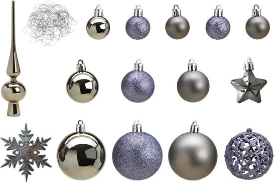 Kerstballen - 110x stuks - met piek - grijs - kunststof - 3-6 cm
