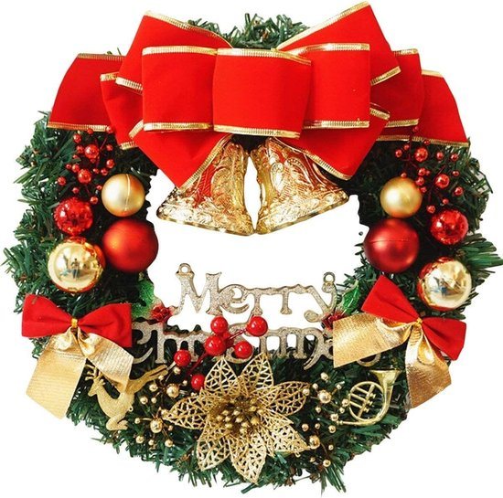 Grote Kerstkrans - Kunstmatige Rode Kerstdecoratie - Met Belletjes, Strik en Versierselen - Voor Deur, Muur en Raam - Feestelijke Krans Decoratie - Voor Huiseigenaren en Gastvrije Gezinnen - Kerstversiering - Rood/Groen - 50 cm - 1 Stuk