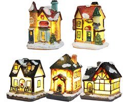 5-delige Verlichte Miniatuur Kerstdorp Set - Tafeldecoratie met LED Lichten