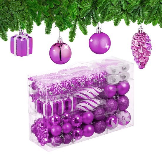 kerstballen - set van 72 - plastic - onbreekbaar - hartjes - sokjes - paars