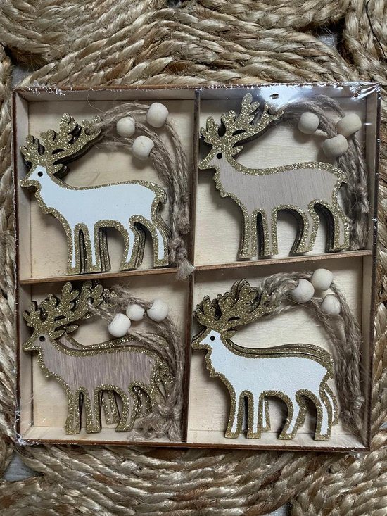 Mooie houten Kerst hangers - Kerststdecoratie - kerstboomversiering - Christmas - Hert - Naturel - Glitter Goud | Decoratie hangers - Hanger - Ornamenten Versiering - Kerst tak - Feestdagen | Peuterspeelzaal - School - Kinderopvang - DH collection