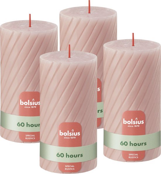Bolsius - Rustieke Kaars - Gedraaid Patroon - 4 stuks - Roze - 60 branduren - 13 cm