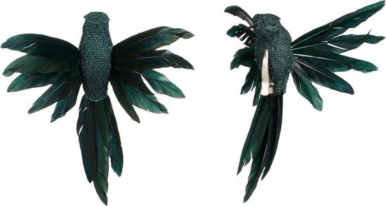 House of Seasons Kolibries vogels op clip - 2x st - donkergroen - 12 x 13 x 7,5 cm