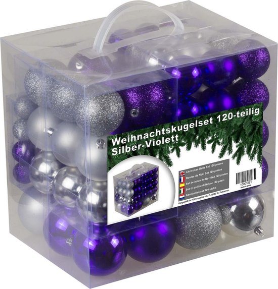 4seasonz kerstballenset - 120 stuks - Kunststof - Zilver/Paars