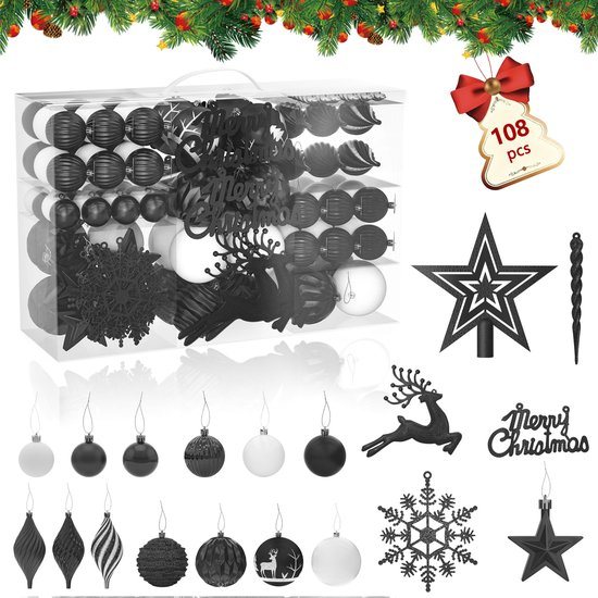108 stuks kleine kerstballen, kunststof kerstboomversieringen met hangers, kerstversiering, ballen, kerstversieringen, decoratieve kerstboomversieringen, zwart