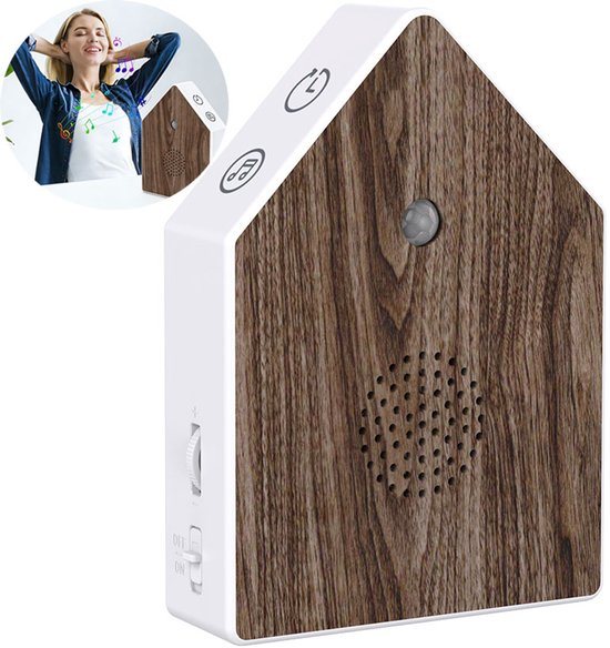 Vogelgeluiden Huisje - Vogelhuisje Met Geluid - Met Bewegingsmelder - Aanpasbaar Volume - 10,8 x 3,7 x 15 cm - 4 Natuurlijke Vogel - Timer - Vogelhuisje - Sensor - Toilet, Badkamer, gang, kantoor - Geweldig Cadeau voor Vrouw & Man - Walnoot Look Luxe