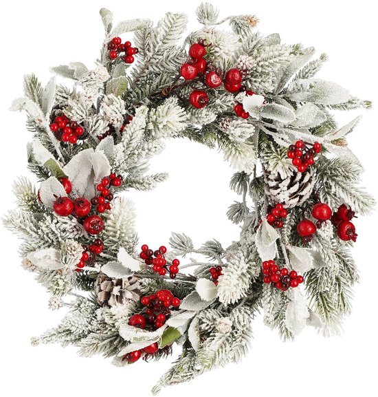 Mica Decorations Belfort Kerstkrans met Besneeuwde Dennentakken - Kerstversiering voor Authentieke Winterse Kerstsfeer - Deurkrans om op te Hangen of neer te Zetten - Ø40 cm - Groen