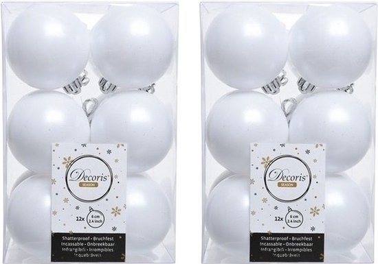 24x Winter witte kunststof kerstballen 6 cm - Mat- Onbreekbare plastic kerstballen - Kerstboomversiering winter wit