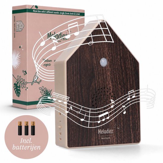 Melodiez Vogelhuisje Met Geluid - Box Incl. Batterijen en 5 Natuurlijke Vogel, Oceaan, krekel en Jungle geluiden - Vogelgeluiden Huisje Voor op Toilet - Vogelgeluiden Huisje met Sensor - Walnut Dark