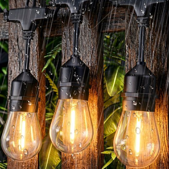 SHINE Solar Lichtsnoer Buiten - 15 Meter - 15 LED Lampen - Hybride (Zonne-energie & Stekker) - IP65 Waterdicht - Inclusief Afstandsbediening & Timer - Vintage Classic