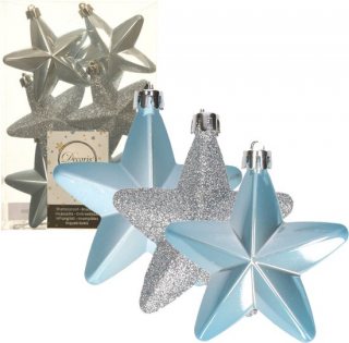 Decoris kersthanger sterren - 6x st - lichtblauw - 7 cm - kunststof - kerstornamenten - kerstversiering