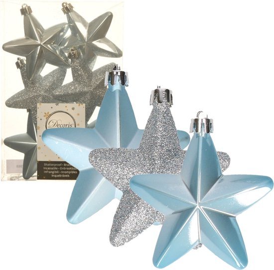 Decoris kersthanger sterren - 6x st - lichtblauw - 7 cm - kunststof - kerstornamenten - kerstversiering