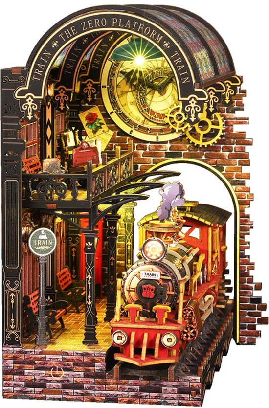 Miniatuur Bouwpakket met Touch Sensor Verlichting-DIY Book Nook Kit-DIY Miniatuur Boekenkast – Vintage Stoomtrein DIY Boekensteun – Miniatuur Model Kit Decoratie