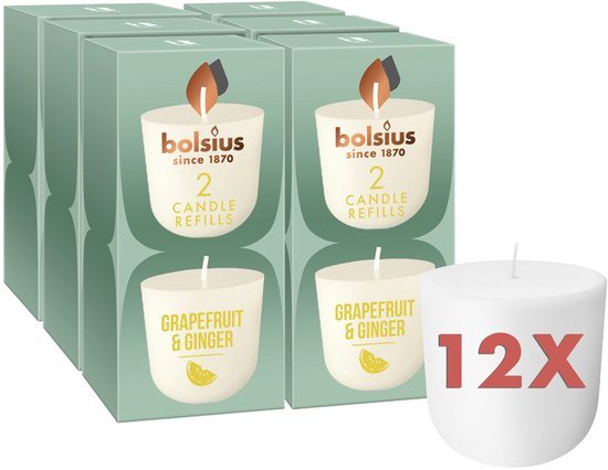Bolsius - CleanLight - 12 Gegeurde Navullingen - Grapefruit & Ginger - Navulbare Geurkaarsen