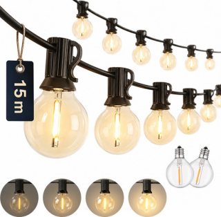Decens 15m Dimbaar Lichtsnoer Rond - Waterdicht / 25 LED Lampjes Slinger - Kerst Lichtslinger voor Buiten Terras en Camping - Tuinverlichting - 2700k / Warm Wit