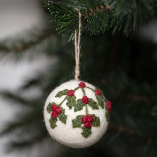 Kerstbal Vilt Rond - Holly Berry - 8cm - Fairtrade